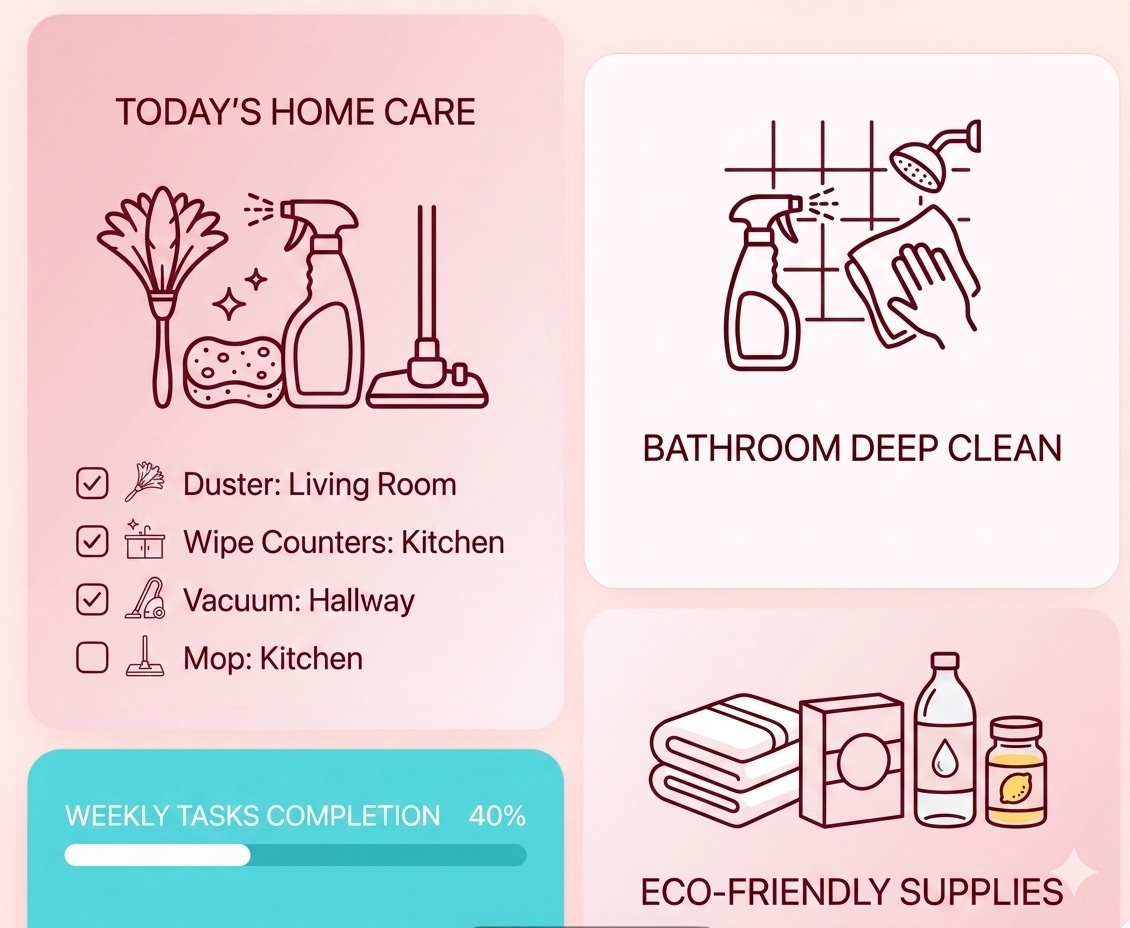 Today's home care tasks, bathroom deep clean, and eco-friendly cleaning supplies
